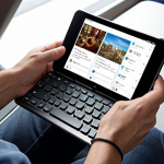 ** A person working on a tablet using a portable keyboard while traveling. Focus on convenience and productivity.

**