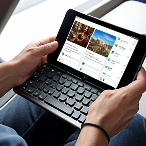 Home 11 ** A person working on a tablet using a portable keyboard while traveling. Focus on convenience and productivity.
**