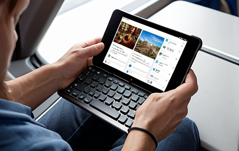 ** A person working on a tablet using a portable keyboard while traveling. Focus on convenience and productivity.
**