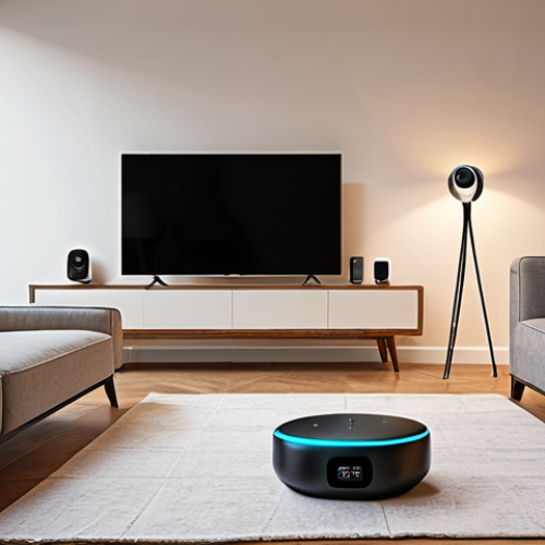 Home 6 ** A modern living room setup with various smart home devices (smart bulb, thermostat, smart speaker, security camera) connected to a central smart home hub. The scene should showcase a seamless integration of technology into a comfortable and stylish home environment. Focus on the connectivity aspect with subtle visual cues indicating data flow or communication between devices.
**