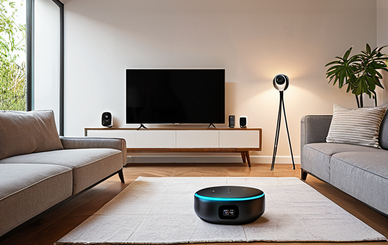 ** A modern living room setup with various smart home devices (smart bulb, thermostat, smart speaker, security camera) connected to a central smart home hub. The scene should showcase a seamless integration of technology into a comfortable and stylish home environment. Focus on the connectivity aspect with subtle visual cues indicating data flow or communication between devices.
**