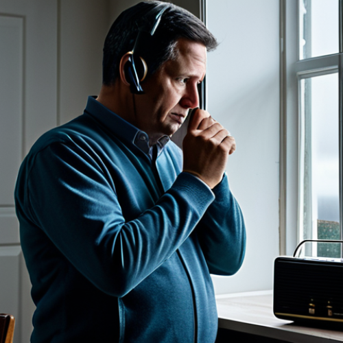 Home 17 A person in practical, modest clothing, holding a classic portable radio to their ear in a dimly lit room, with a subtle hint of a stormy aftermath visible outside a window. The scene emphasizes quiet resilience and reliance on essential information during a power outage. The portable radio appears robust and functional. Professional photography, high detail, fully clothed, appropriate attire, safe for work, perfect anatomy, natural proportions, well-formed hands, proper finger count, natural body proportions, professional, family-friendly.