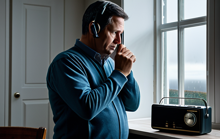 A person in practical, modest clothing, holding a classic portable radio to their ear in a dimly lit room, with a subtle hint of a stormy aftermath visible outside a window. The scene emphasizes quiet resilience and reliance on essential information during a power outage. The portable radio appears robust and functional. Professional photography, high detail, fully clothed, appropriate attire, safe for work, perfect anatomy, natural proportions, well-formed hands, proper finger count, natural body proportions, professional, family-friendly.