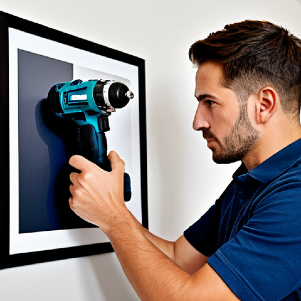 휴대용 전동 공구 리뷰 - "A fully clothed man using a portable electric drill to hang a picture on a wall in a modest home se...