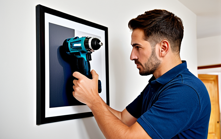 휴대용 전동 공구 리뷰 - "A fully clothed man using a portable electric drill to hang a picture on a wall in a modest home se...