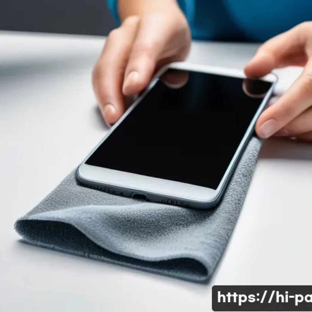 포터블 가전의 유지 비용 - **Prompt:** A close-up, high-angle shot of a person's hands gently cleaning a modern smartphone scre...
