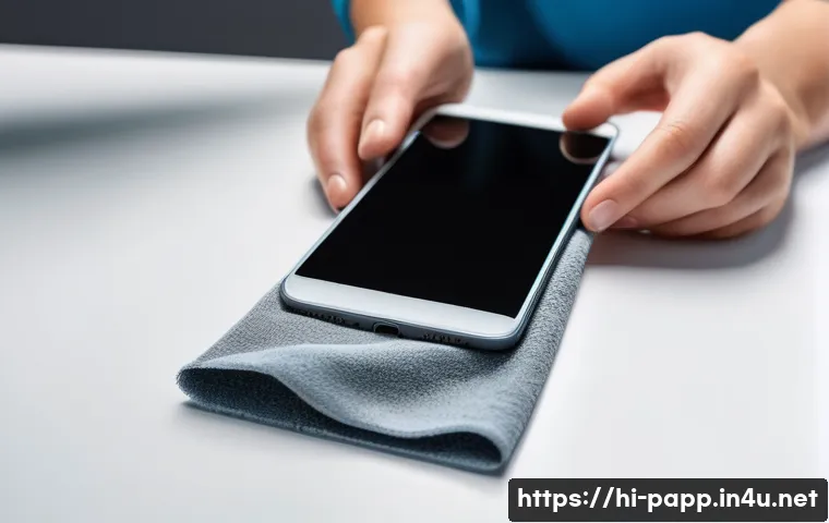 포터블 가전의 유지 비용 - **Prompt:** A close-up, high-angle shot of a person's hands gently cleaning a modern smartphone scre...