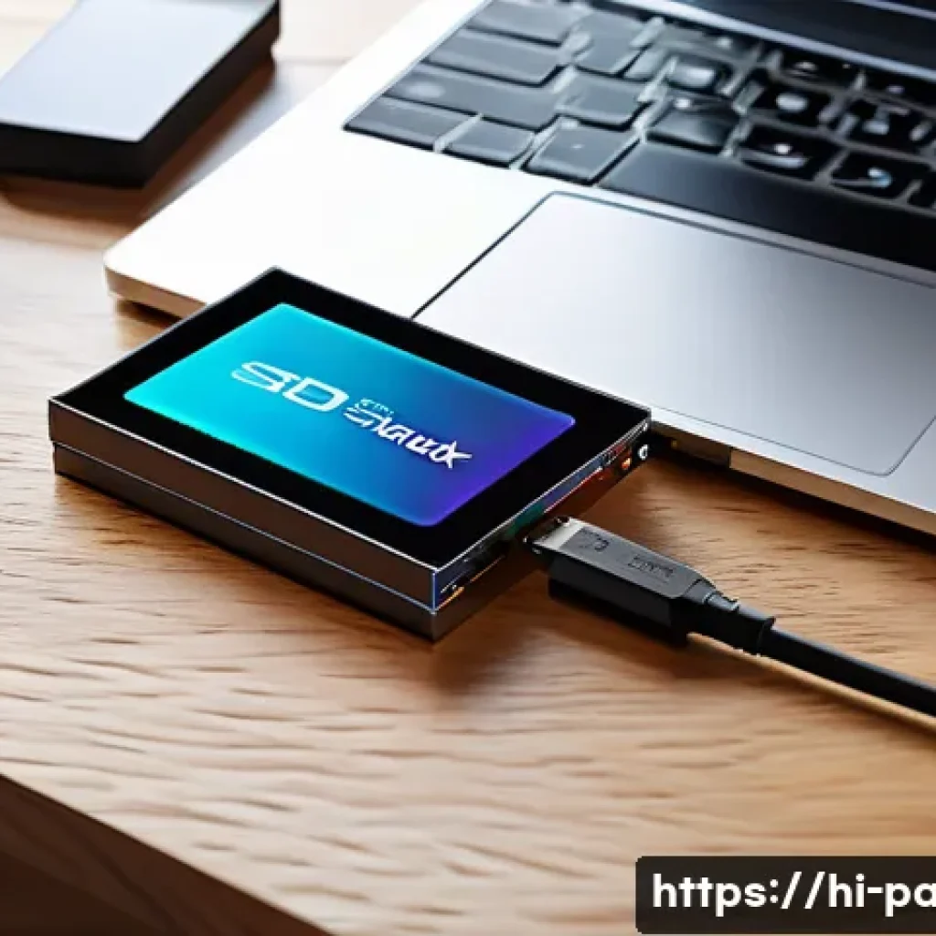 외장 하드와 SSD 비교 - A modern workspace scene featuring a sleek, slim external SSD with a USB-C cable connected to a lapt...