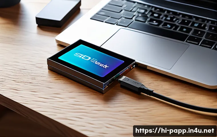 외장 하드와 SSD 비교 - A modern workspace scene featuring a sleek, slim external SSD with a USB-C cable connected to a lapt...