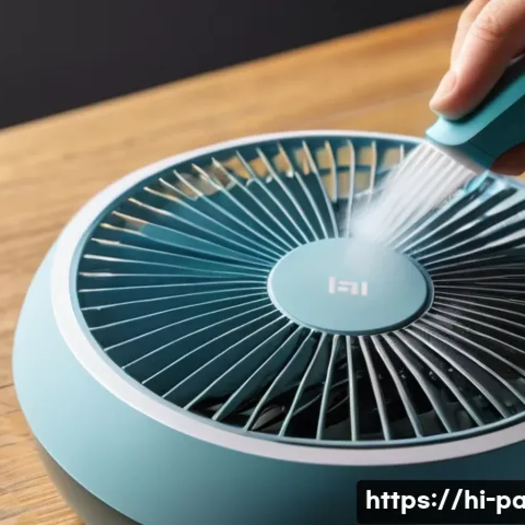 USB 선풍기 소음 문제 해결 - A close-up scene of a person carefully cleaning a USB fan’s blades with a soft brush and dry cloth, ...