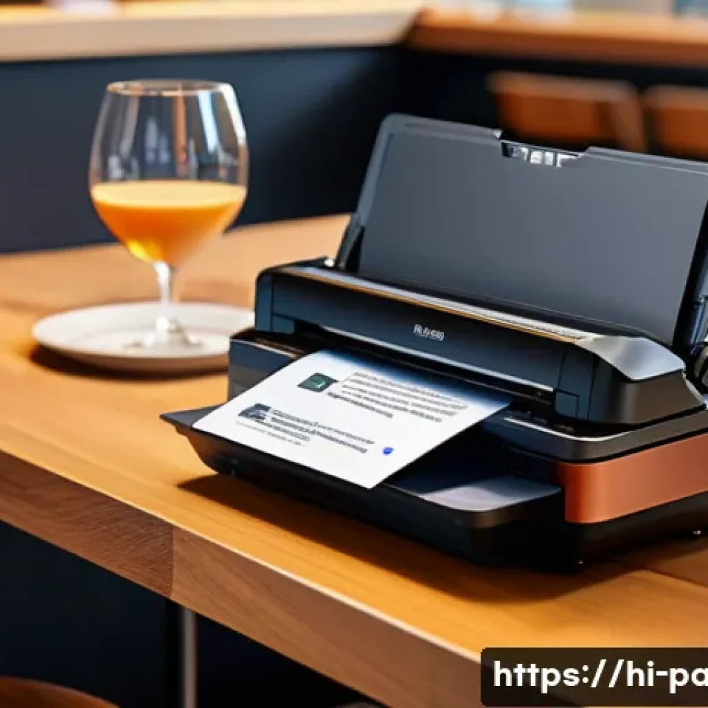 모바일 프린터 사용법 - A compact and lightweight mobile printer placed on a caf&eacute; table next to a laptop and smartphone, sho...