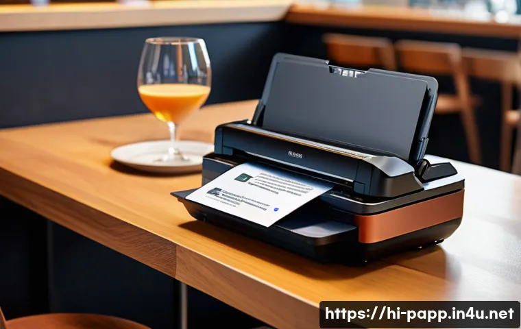 모바일 프린터 사용법 - A compact and lightweight mobile printer placed on a café table next to a laptop and smartphone, sho...