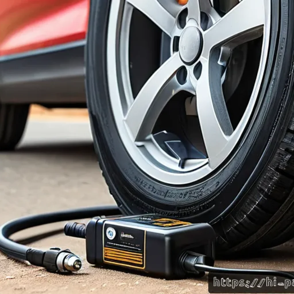 휴대용 전동 공기펌프 - A detailed close-up scene of a compact, portable tire air pump designed for Indian users, placed bes...