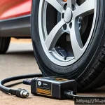 Home 22 휴대용 전동 공기펌프 - A detailed close-up scene of a compact, portable tire air pump designed for Indian users, placed bes...