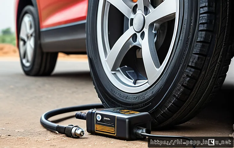 휴대용 전동 공기펌프 - A detailed close-up scene of a compact, portable tire air pump designed for Indian users, placed bes...