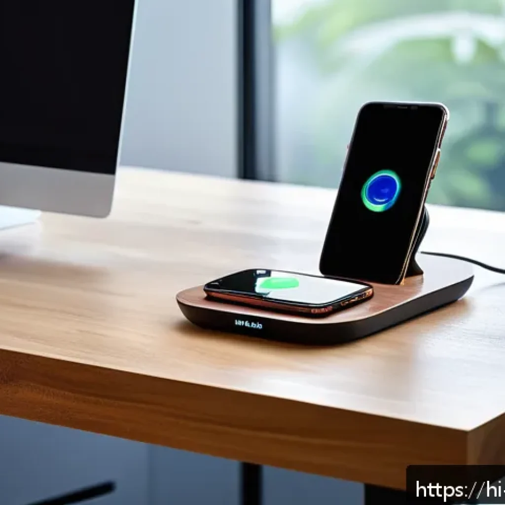 스마트폰 무선 충전기 추천 - A modern home office setup featuring a sleek wireless charger on a wooden desk next to a stylish sma...