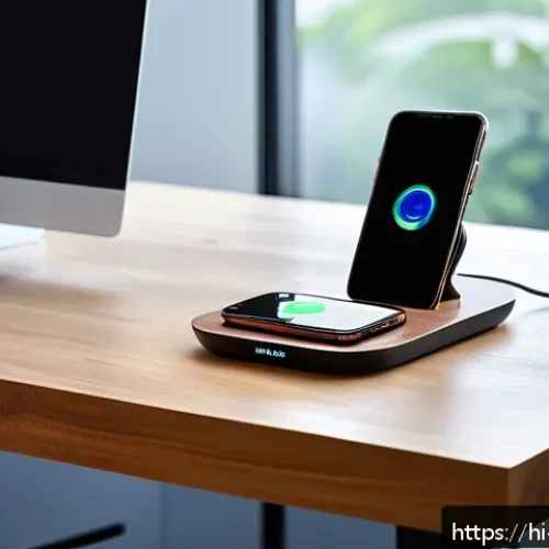 Home 33 스마트폰 무선 충전기 추천 - A modern home office setup featuring a sleek wireless charger on a wooden desk next to a stylish sma...