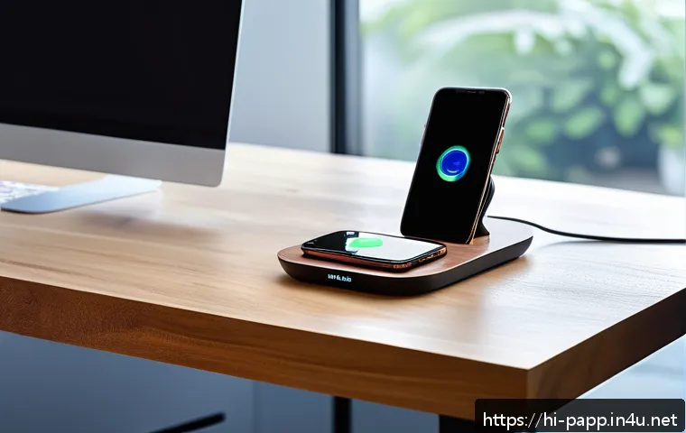 스마트폰 무선 충전기 추천 - A modern home office setup featuring a sleek wireless charger on a wooden desk next to a stylish sma...