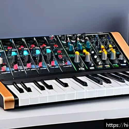Home 32 포터블 오디오 믹서기 - A professional portable audio mixer setup on a compact table in a home studio environment, featuring...