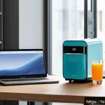 Home 19 포터블 미니 냉장고 - A compact, sleek mini fridge placed on an office desk beside a laptop and stationery, with a glass d...
