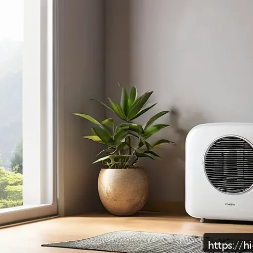 Home 30 휴대용 냉난방기 추천 - A modern, compact portable air conditioner placed in a bright, sunlit living room with large windows...