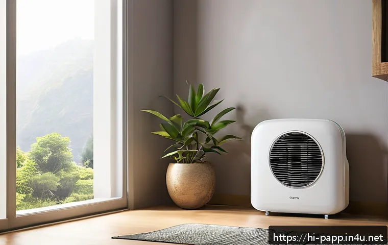 휴대용 냉난방기 추천 - A modern, compact portable air conditioner placed in a bright, sunlit living room with large windows...