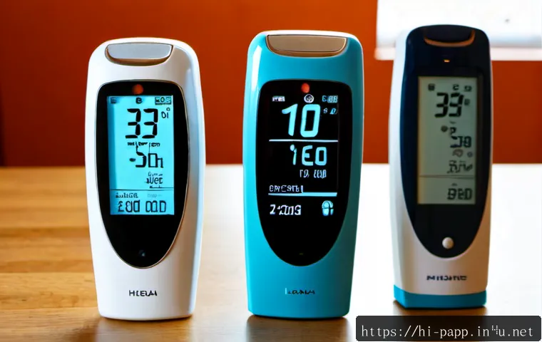 Home 17 스마트 체온계 추천 - Photorealistic product comparison scene of three sleek smart digital thermometers arranged neatly on...