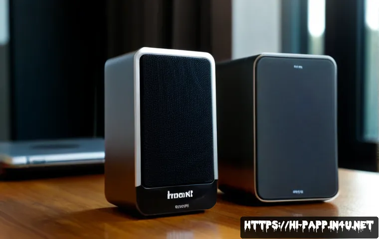 미니 스피커 음질 테스트 - Photorealistic close-up of a compact portable mini speaker on a clean wooden desk, smartphone beside...