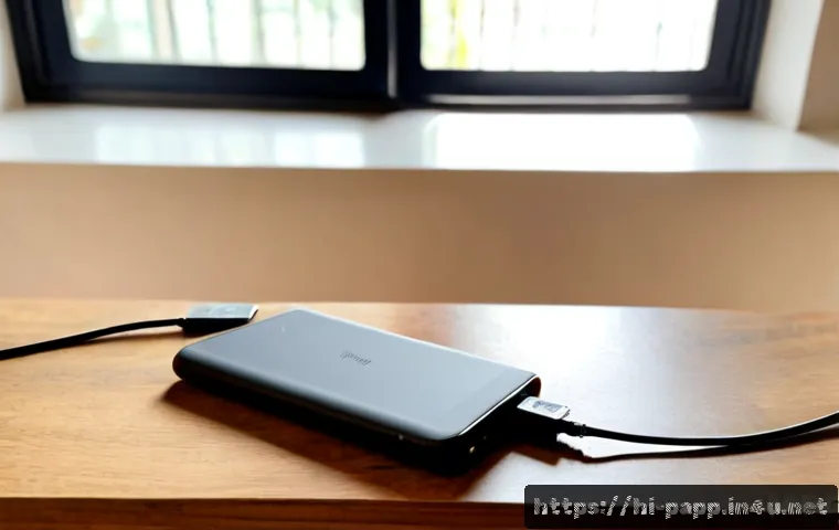 포터블 보조배터리 안전 사용 - Photorealistic close-up of a compact portable power bank charging a smartphone on a clean wooden des...